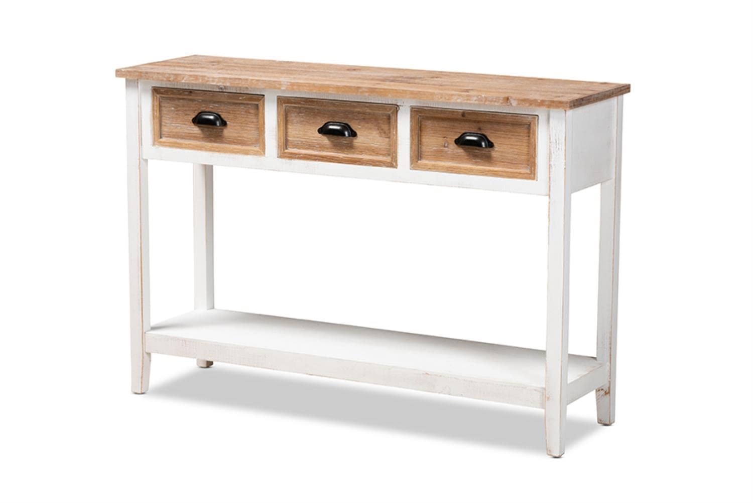 Baxton Studio Benedict Traditional Farmhouse and Rustic Two-Tone White and Oak Brown Finished Wood 3-Drawer Console Table